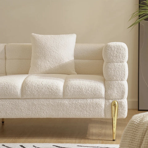 Warsaw 78.7" Modern White Boucle Upholstered Fluted 3 Seater Sofa for Living Room with pillow